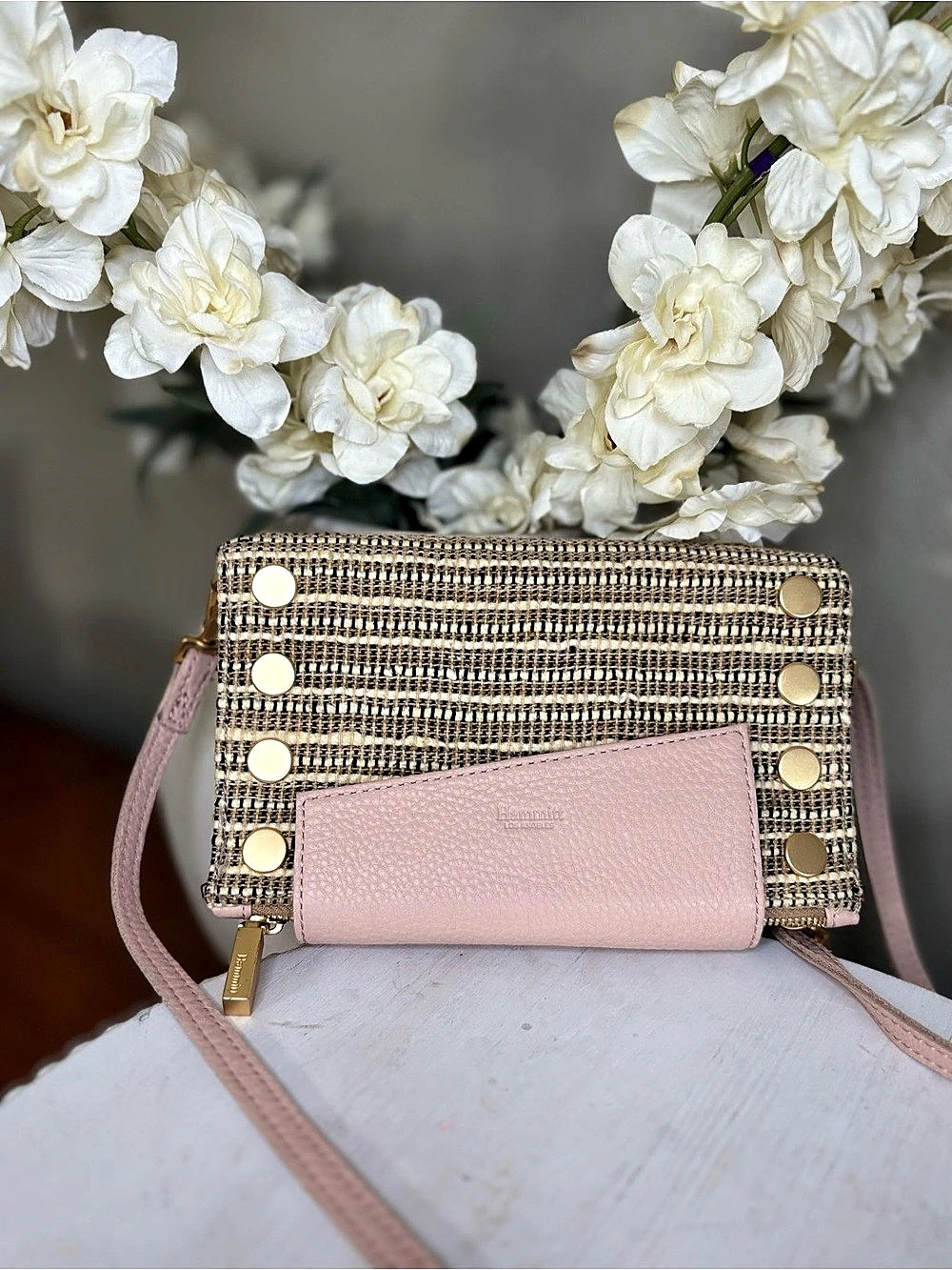 Hammitt Levy Salata Toile Crossbody Bag Tweed blush with woven front